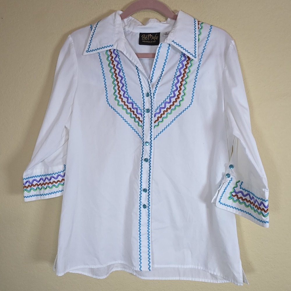 Vintage Bob Mackie Wearable Art Western Button Up Shirt white M Embroidered‎